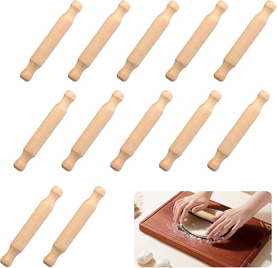 12 Pcs Mini Rolling Pin for Clay, Wooden Playdough ToolsSmall Wooden Rolling Pins, Non-Stick Wood Dough Roller for Halloween Christmas Kitchen Baking Pizza Embossed Pastry Fondant Tools