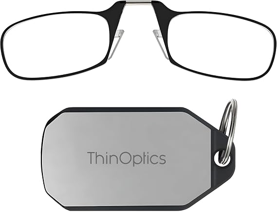 ThinOptics Folding Reading Glasses, 1.0 to 2.5, Keychain Case, Travel Ready | Armless Nose Clip Readers with Flex Fit that Fold into a Pocket Sized Shell, Fits Men and Women, Scratch Resistant Lenses