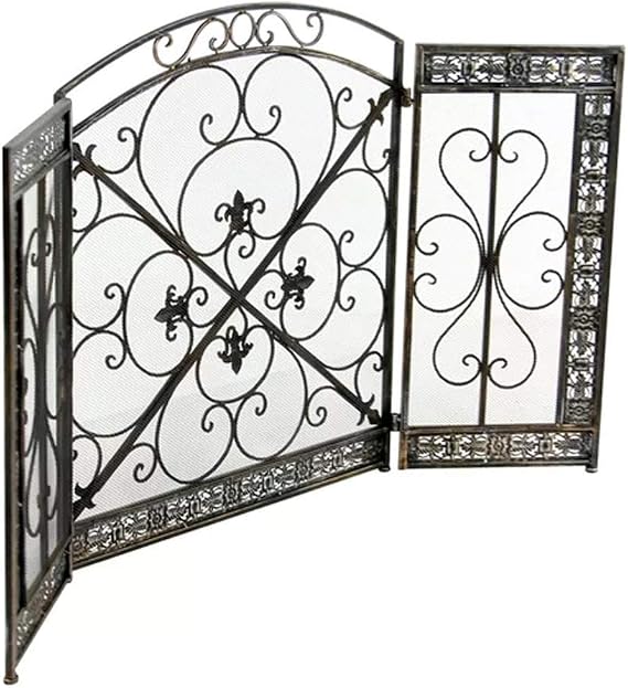 Folding Fire Screen Living Room European Fireplace Screen Fire Bar Fireplace Core Embedded with Mesh Wrought Iron Partition Hollow Decorative Mantel Stove Firescreen Color : Gold Black