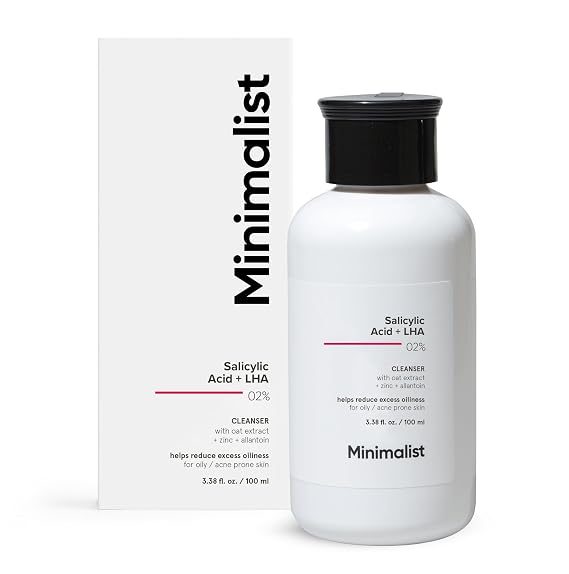Minimalist Salicylic Acid 2% Face Wash for Oily, Acne Prone Skin | Face Cleanser With LHA & Zinc | Sulphate free Gentle BHA Liquid Exfoliant | For Women & Men | 3.4 Fl Oz / 100 ml