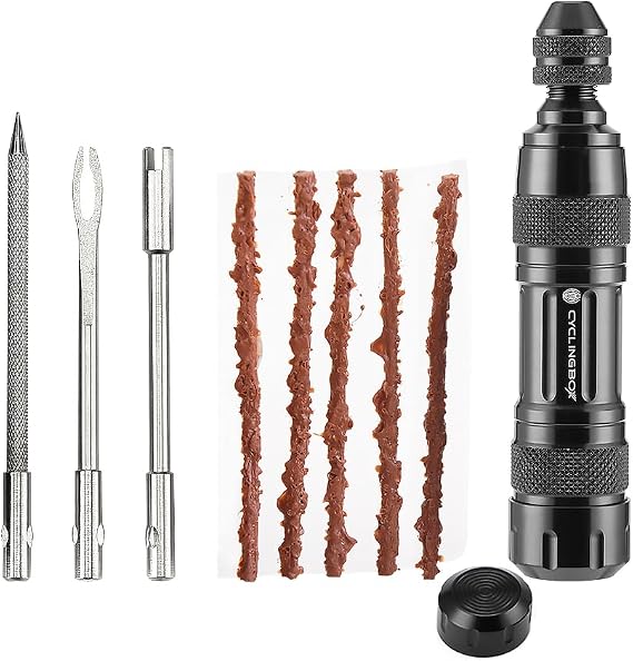 Bicycle Tubeless Tire Repair Kit Bike Tire Plug Tool Aluminium Alloy Portable Bike Repair Puncture Kit for Fix a Puncture or Flat Fast Tackle Set with 5 Rubber Strips and 3 Tire Repair Drills
