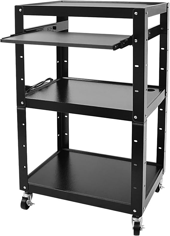 Steel AV Cart on Wheels Rolling Media Carts with Height Adjustable Shelf Metal Presentation Cart with Keyboard Tray Computer Workstation for Office Classroom