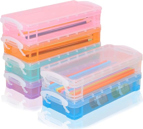 6PCS Colorful Clear Pencil Case,Stackable Pencil Box with Snap Tight Lid,Plastic Pen Storage for Craft Storage,Portable Pen Organiser for School,Home,Office(Colorful)
