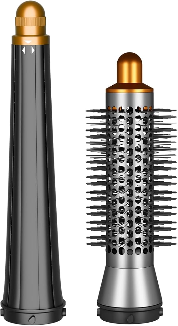 Small Round Volumizing Brush & Long Curling Barrel Attachment Compatible with Dyson Airwrap, Gold