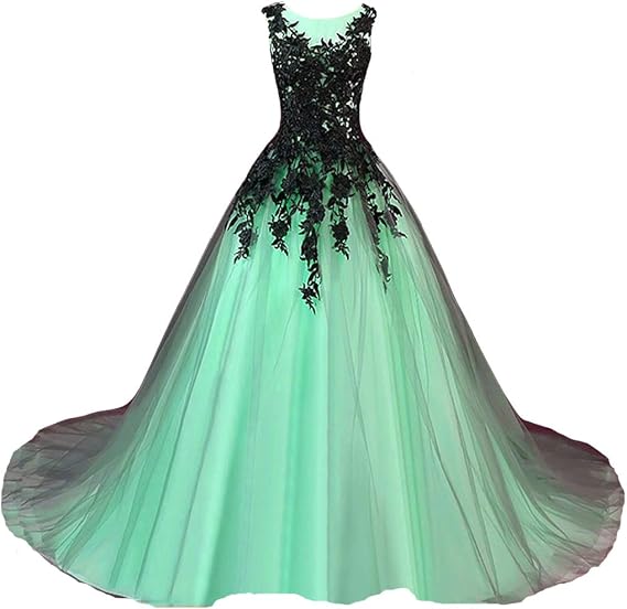 Kivary Gothic Gray Tulle Long Black Lace Sheer Bateau Prom Wedding Dresses