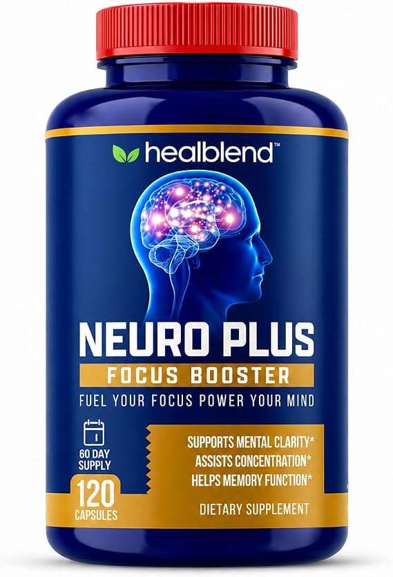 healblend Neuro Plus Focus Booster - Advanced Brain Support Supplement with Vitamin B6, B12, Folate - Improves Memory, Concentration, Mental Clarity & Cognitive Function 120 Capsules