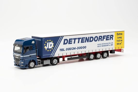Herpa truck model MAN TGX GX curtain tarpaulin 15 m Dettendorfer faithful to the original in scale 1:87 model truck for diorama model building collectible decorative miniature models made of plastic