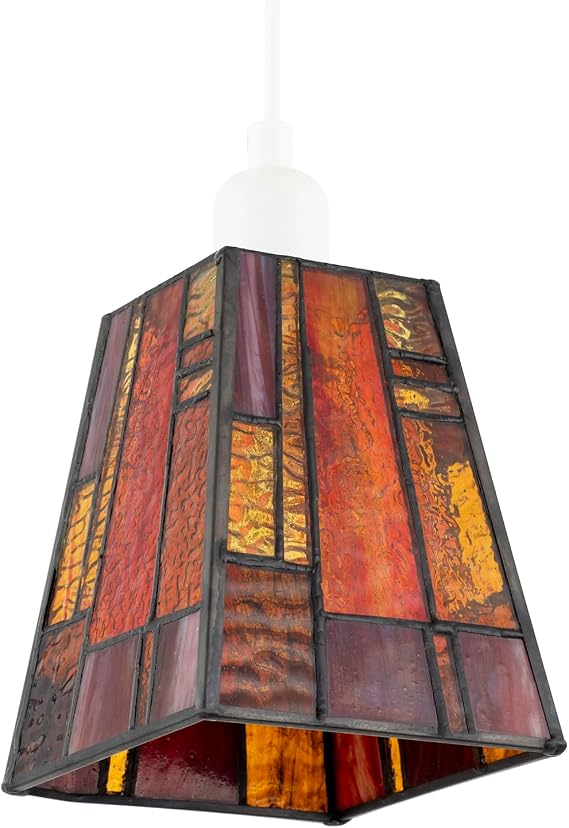 Rectangular Art Deco Styled Tiffany Stained Glass Pendant Light Shade with Orange and Amber Toned Panels | 13cm x 10cm | 40w Maximum by Happy Homewares