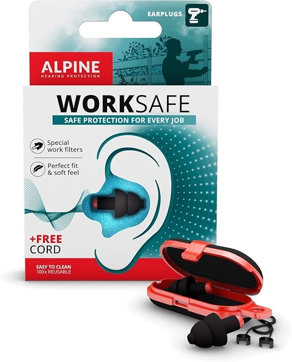 Alpine WorkSafe Construction Earplugs for Adult - Reusable Ear Protection for Work & DIY - Comfortable Hypoallergenic Filter for Noise Reduction - 23dB - with Safety Cord Black