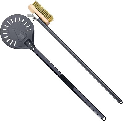 Pizza Brush and 9 Inch Perforated Round Turning Peel Set Aluminum Pizza Peel Paddle with 40-Inch Aluminum Handle Commercial Pizza Oven Tool