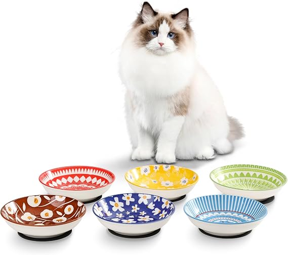 Fairy Tales Colorful Ceramic Cat Bowls Set of 6 - Feeding Dishes With Non-Slip Mat - 5.75" Shallow Wide Food Plate, Whisker Friendly - Microwave Dishwasher Safe - 8.5 oz