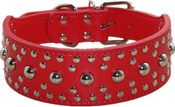 Studded Dog Collar, Leather Dog Collar for Medium Large Dogs Pitbull Doberman (M:17-20 inch, Red)