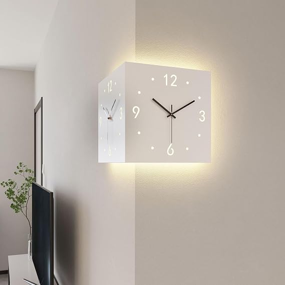Double Sided Corner Wall Clock, Modern Decorative Art Corner Wall Clock, Sensor Luminous Wall Clock for Living Room Decor, Silent Square Digital Wall Clock, White