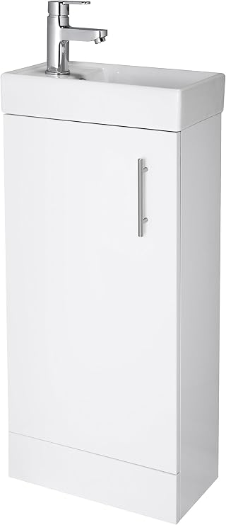 VeeBath White Sheen floor standing Cloakroom Vanity Unit (400mm) with Prima Mono basin Mixer
