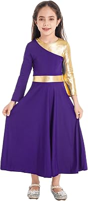 Kids Girls Long Sleeve Liturgical Praise Dance Dress Metallic Gold Full Length Worship Church Robe Dancewear