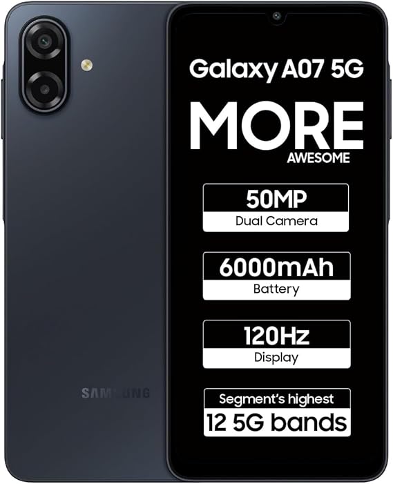 Samsung Galaxy A07 5G (Siyah, 4GB RAM, 128GB Depolama) | 6,7 inç HD+ 120Hz Ekran | MediaTek Dimensity 6300 | 50MP + 2MP Arka Kamera | 6000 mAh Pil
