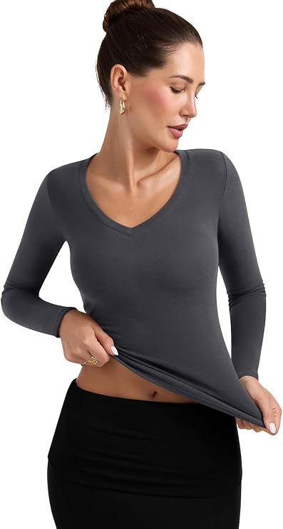 PINKMSTYLE Women's V Neck Long Sleeve Thermal Shirts Fall Winter Lightweight Base Layer Undershirts Basic Tops