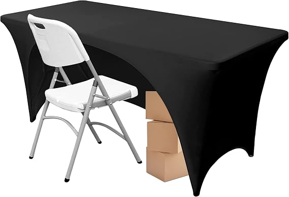 Time to Sparkle 4ft Table Cover for Rectangle Tables with Open Back | Black Stretch Spandex Universal Rectangular Fitted Tablecloth Protector for Wedding, Banquet and Party