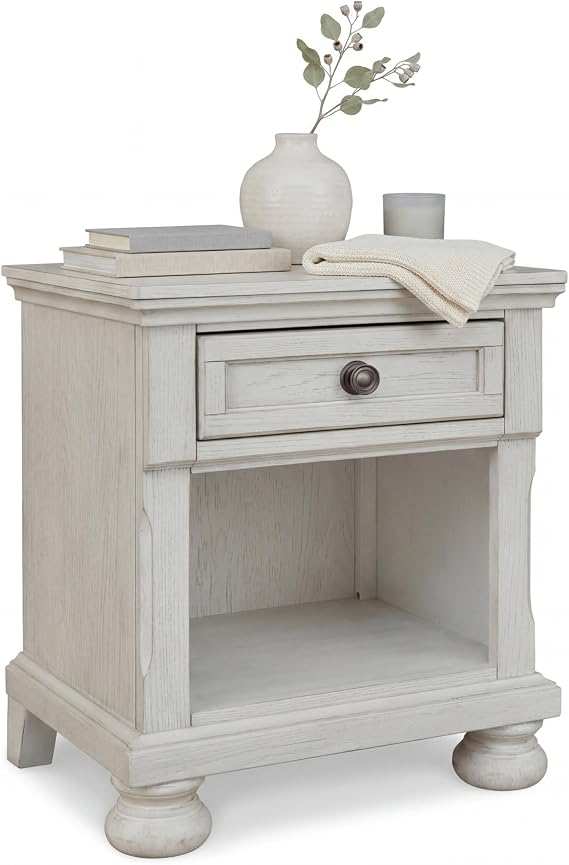 Signature Design by Ashley Nightstand, Bedside Table, Antique White Wood | Cord-management cubby for charging, Made with wood, select oak veneer and engineered wood, Robbinsdale Series
