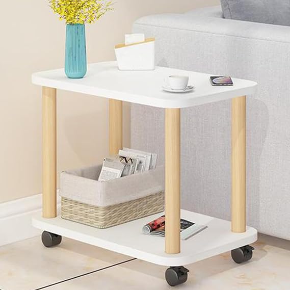 Bedside Table with Wheels 360 Degree Swivel, Small Side Tables with 2-Tier Storage Shelf, Snack table, Coffee Table on Wheels, End Table for Living Room,Bedroom,Bathroom,Balcony,Office(White) (White)