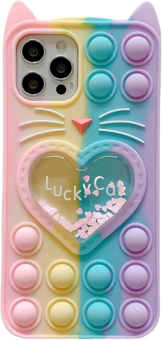 Fidget Pop Case for iPhone 11, Cute Cartoon Lucky Cat Quicksand Bling Stars Push Bubbles Shockproof Silicone Soft Phone Case for Apple iPhone 11 6.1 inch
