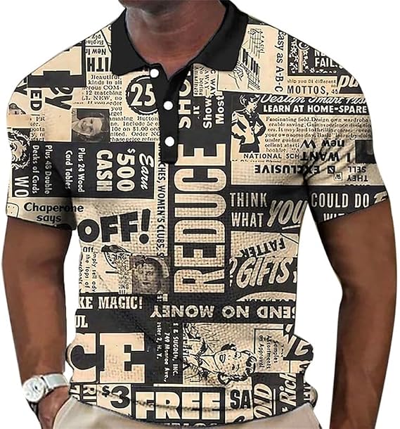 Men's Newspaper Pattern 3D Printed Street Shirt Summer Fashion Simple Polo Shirt Retro Casual Lapel Button Short Sleeve T-Shirt