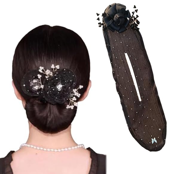 Hand Embroidered Flowers Deft Bun,Deft Bun Hair Twister,Ball Hair Clip,Flower Hair Bun Roller,Sheer Fabric Hair Bun Maker for Long Thick Hair Accessories for Women Girls Black