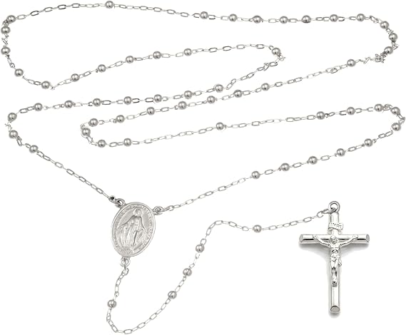 Alexander Castle Solid 925 Sterling Silver Rosary Beads Catholic for Women Ladies Kids - Miraculous Medal Junction - 3mm Beads Rosary with Jewellery Gift Box