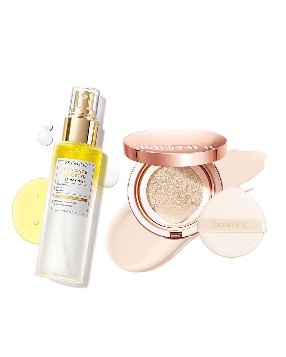 SKINTIFIC Full Coverage Cushion Foundation with Radiance Booster Serum Spray, Your All-In-One Solution for Perfect Skin