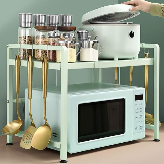 Expandable Metal Microwave Rack Retractable Kitchen Utensils Cooker Rack Dish Storage Cabinet, 2 Tiers, 6 Hooks, Green