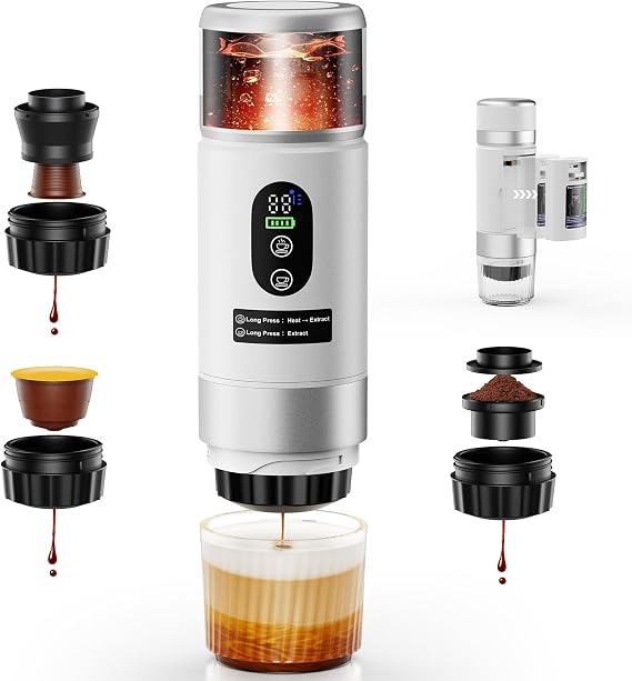 Portable Espresso Maker, Travel Coffee Maker for camping, Portable Espresso Machine with USB-C, 3-in-1 Small Espresso Machine with Ground Coffee & Capsules (NS&DG) for RV, Hiking (White)