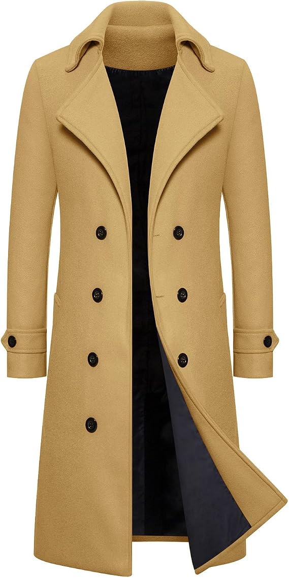 Men's Trench Coat Notched Collar Double Breasted Long Winter Pea Coats Casual Slim Fit Business Wool Blend Jacket