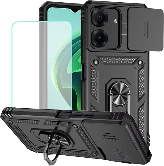 Case for Redmi 13C Case, Poco C65 Case with Tempered Glass Screen Protector and Slide Camera Cover, 360 Rotate Ring Stand Magnetic Cover for Xiaomi Redmi 13C Black
