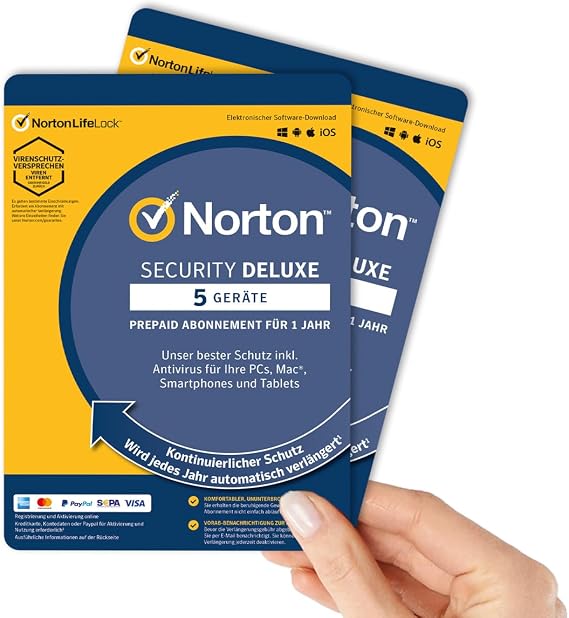 2 Stück - Norton Security Deluxe 5 Geräte / 1 Jahr - 2024 / 2025 【OHNE ABO】 Inklusive Antiviren Software - für Windows Mac Android iOS - PKC