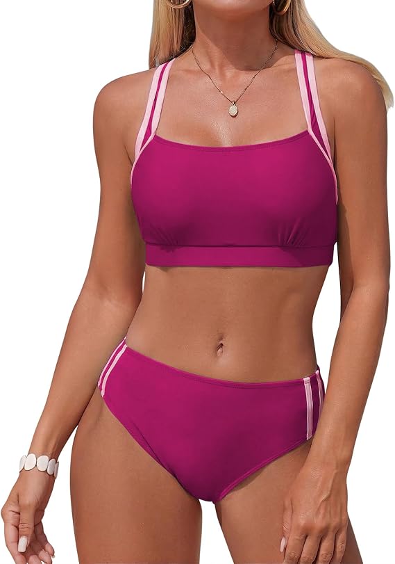 Adigaber Women's Bikini Sets Solid Color Mid-Waist Sporty Bathing Suits