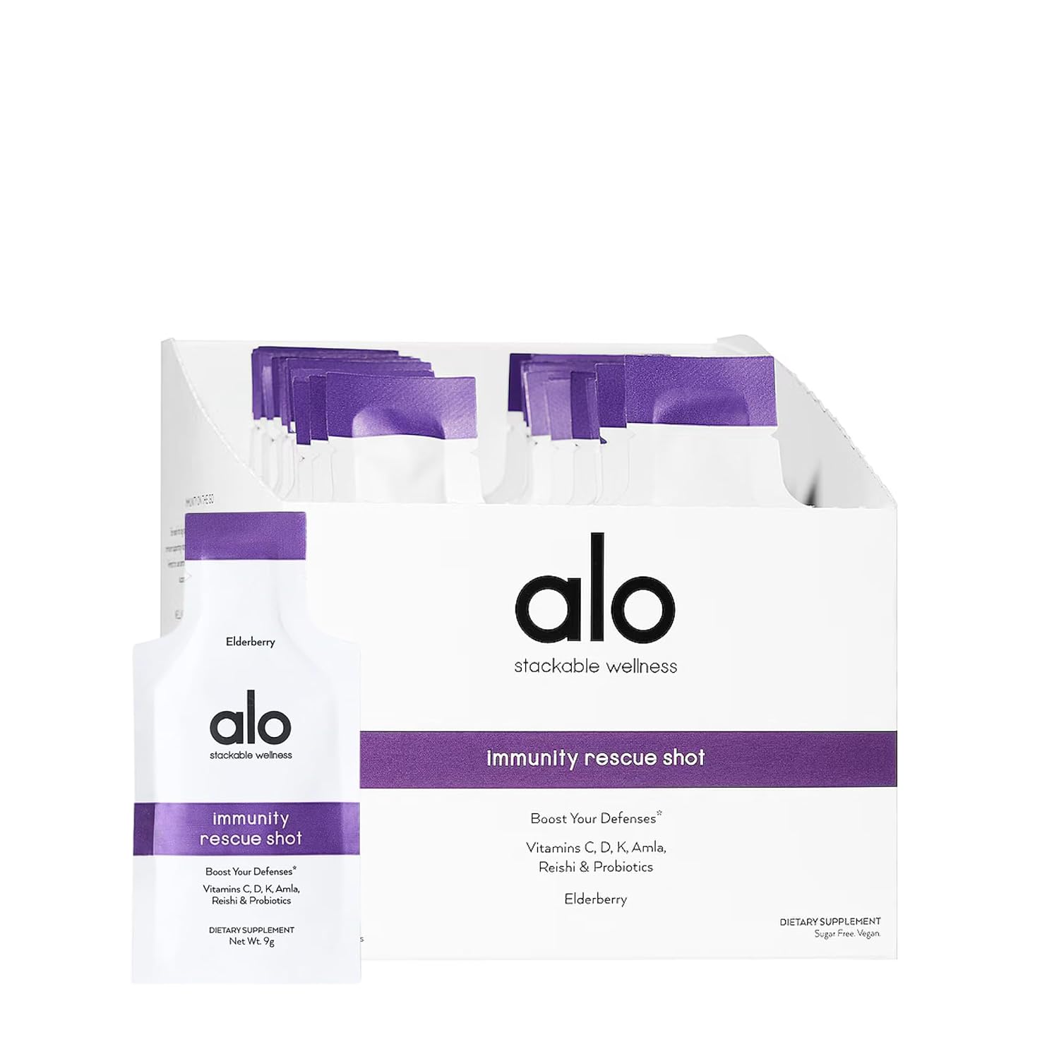 Alo Yoga Immunity Rescue Shot- Elderberry - Boost Your Defenses - Vitamins C, D, K, Alma, Reishi & Probiotics - Pack of 30 Gel Shots 9 g