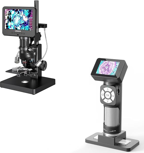 LM266S 5 Lens HDMI Digital Microscope 5000X for Adults, 7" LCD Coin Camera Full View, 32GB + LM112 Microscope for Kids 8-12 Handheld with 2" Screen, 500X