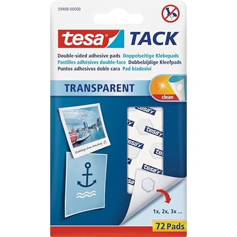 Tesa TACK, Kendinden Yapışkanlı,Tekrar kullanılabilir Pedler, Şeffaf, 72 adet