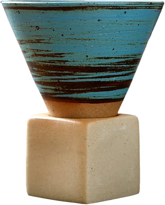 Coarse Pottery Coffee Mug with Base, 200ml Triangular Cone Shape Porcelain Mug Ceramic Tea Cup Japanese Coffee Tea Cup (D)