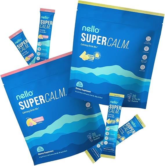 Nello Supercalm Drink Mix - Lemon Lime and Raspberry Lemonade Ashwagandha KSM 66, Magnesium Glycinate & L-Theanine Supplement - Focus and Relaxation Support (2 x 20 Travel Packets)