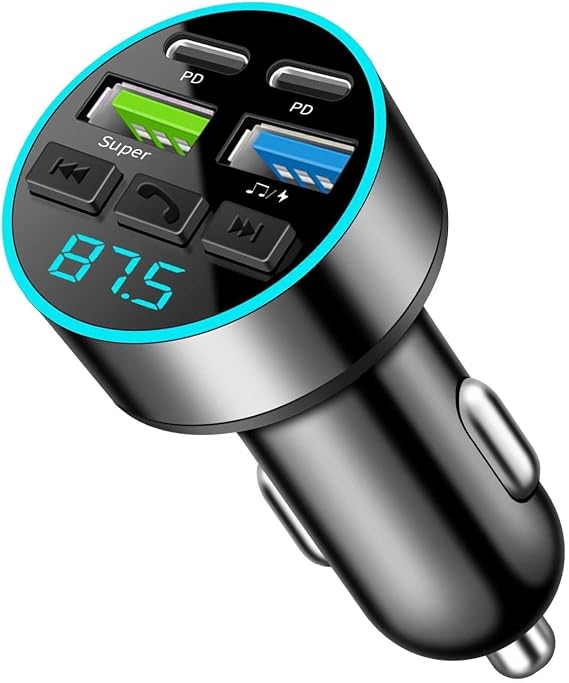 Car Fm Bluetooth Adapter,C ar Music Adapter,Car Radio Bluetooth Transmitter 5.0 Adaptor with 2 Usb Ports 2 Type C Port Hand-Free Calling Music Player PD 66w Fast Charging Charger for Iphone Android