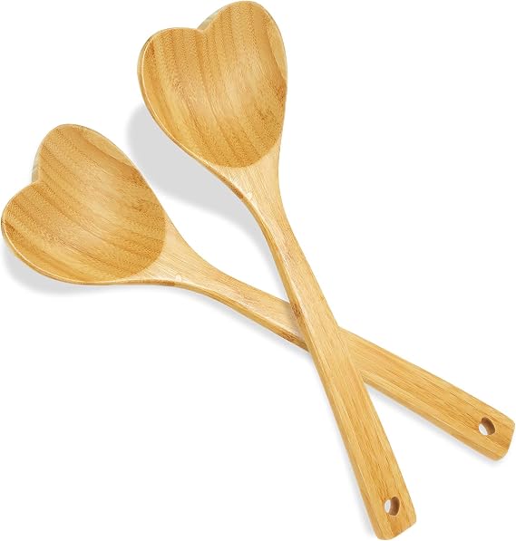 Patelai 2 Pcs Heart Bamboo Spoons, 12.2 Inch Wooden Kitchen Utensils