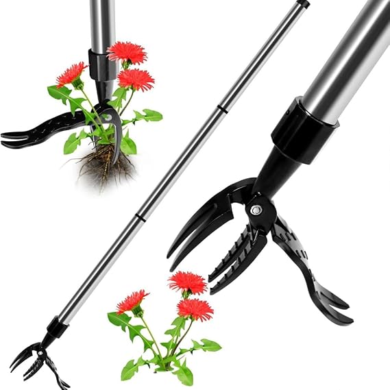 Weed Puller, Weed Remover Tool, Telescopic Root Remover, Stand-up Manual Weed Tool for Garden, Hand Weeder with Foot Plate and 4 Claws for Garden Lawn Farmland Transplant Gardening