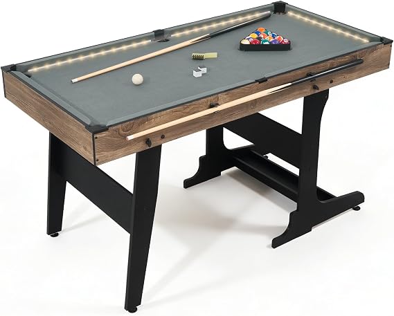 RAYKEEP 4.5FT Folding Pool Table with LED Lights, Portable Billiard Table with Built-in Cue & Ball Storage, Indoor Compact Game Table for Adults & Kids Home, Game Room, Includes Full Accessories