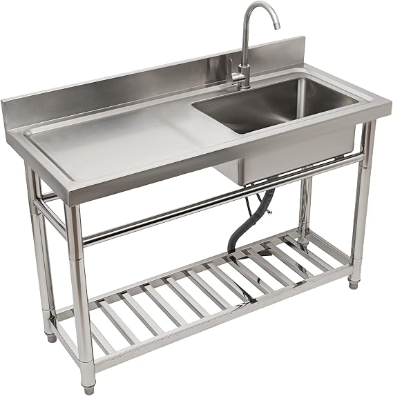 Commercial Stainless Steel Kitchen Sink Prep Counter, Freestanding 1 Compartment Utility Sink, Single Bowl Outdoor Sinks with Pull Out Faucet, For Restaurant, Garage