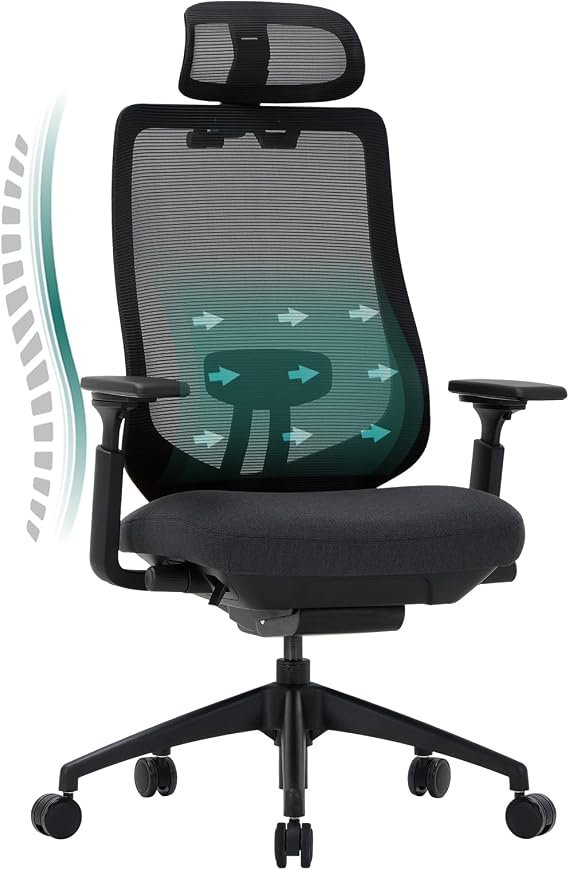 COLAMY XK01 Atlas Ergonomic Mesh Office Chair High Back Executive Chair Adjustable Headrest and 4D Arms Sliding Seat Tilt Barrier Nylon Base Black