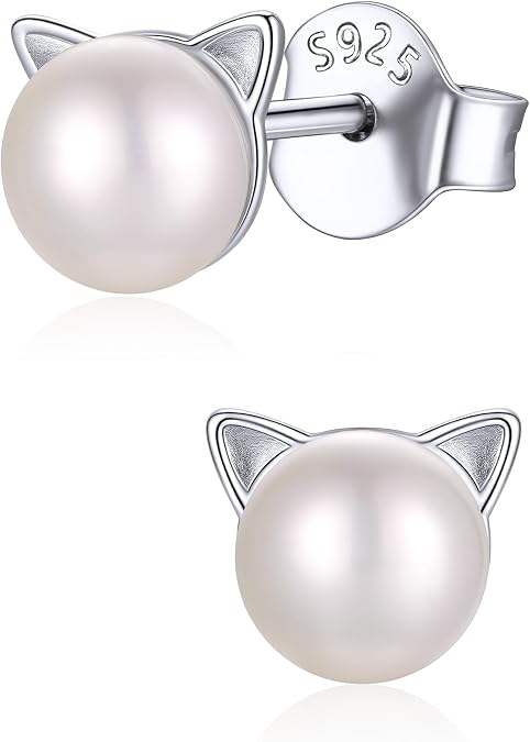 ChicSilver 925 Sterling Silver Cat Earrings for Women, Hypoallergenic Sterling Silver Round Birthstone Earring Cute Cat Stud Earrings with Gift Box