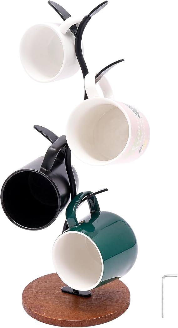 Coffee Mug Tree with 4 Hooks, Metal Mug Stand Cup Tree with Wooden Base Decorative Mugs Rack, Space Saving Coffee Cup Stand Storage Organizer for Kitchens Restaurants Cafes Countertop