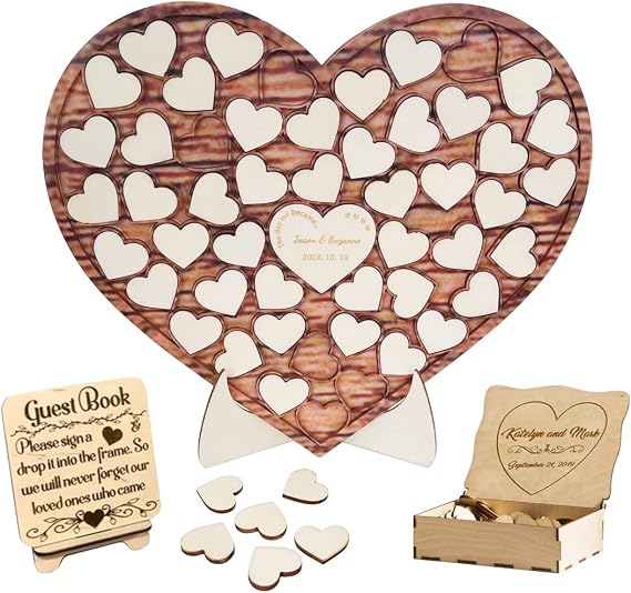 Personalized Wedding Puzzle Guest Book Alternative Custom Wood Heart Jigsaw Guest Book Sign Rustic Guest Book Wedding Decor for Party Engagement Reception Anniversary (B-50 Pieces)
