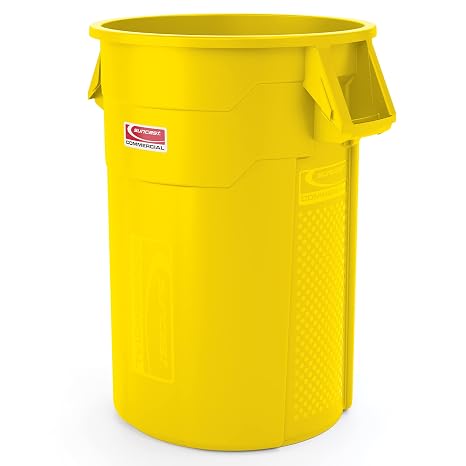 Suncast Commercial Products 44 Gallon Trash Can with Vented Channels, Ergonomic Handles, Rolled Upper Lip, Made in The USA, Yellow, Made in The USA